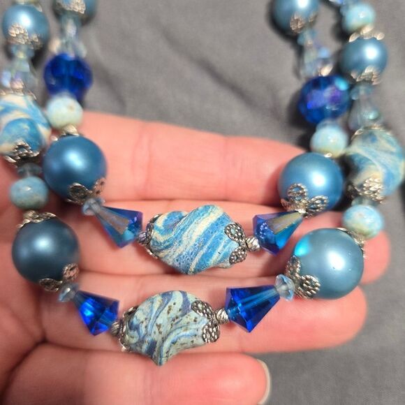 Vintage Vendome Mid-Century Blue Crystal and Bead Double Strand Necklace - Picture 5 of 10